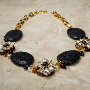 Handmade Rhinestone Genuine Gemstone Lava Rock Black Gold Statement Necklace